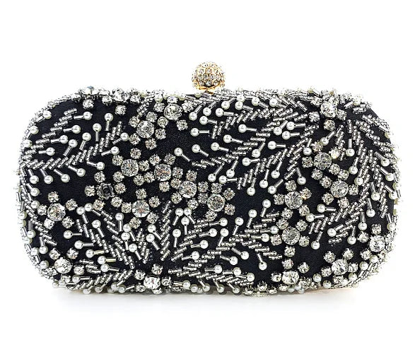 VaultHaus pearl embellished evening clutch bag with intricate rhinestone and bead detailing on black fabric