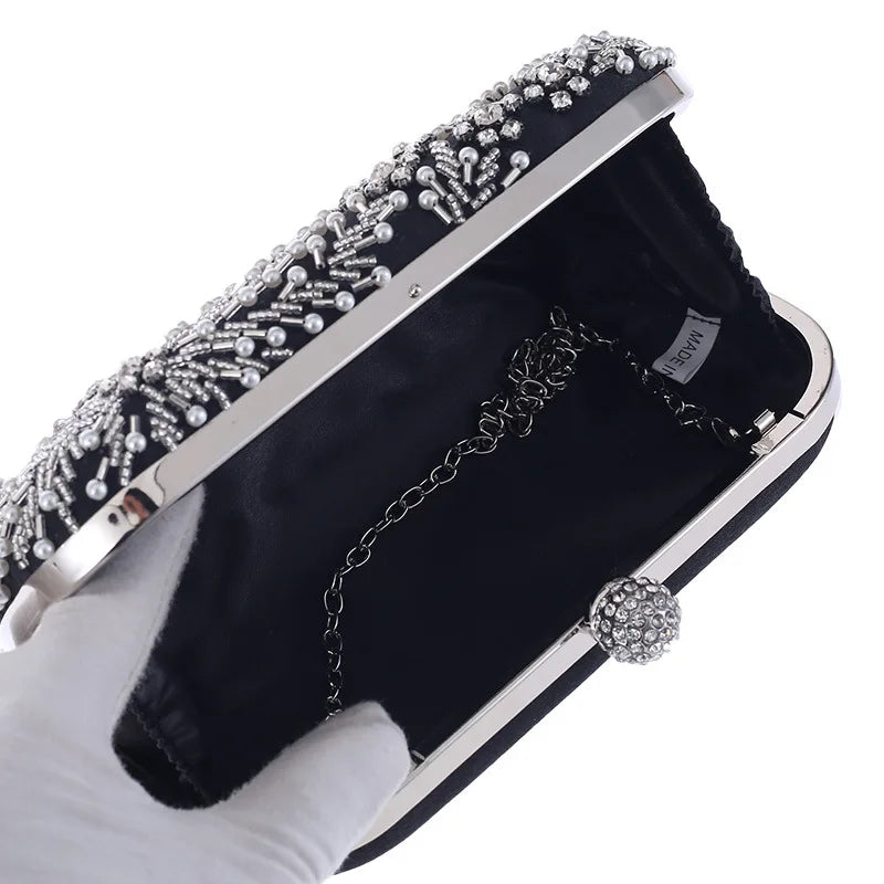 VaultHaus pearl embellished evening clutch bag open showing interior and chain strap