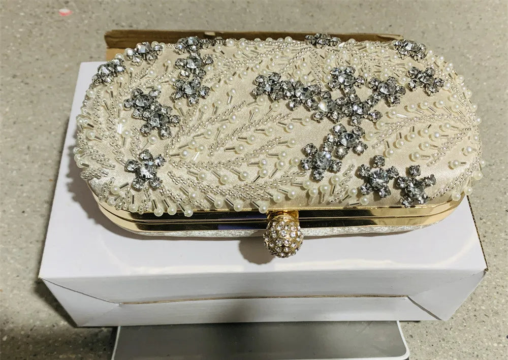VaultHaus pearl embellished evening clutch bag with intricate bead and rhinestone floral design