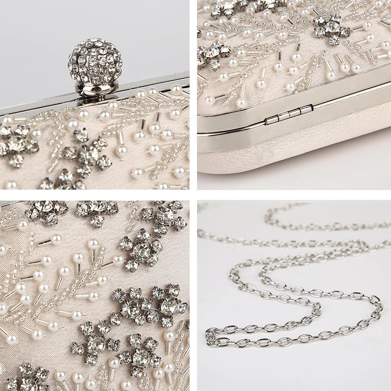 VaultHaus pearl embellished evening clutch bag with intricate beadwork and silver chain strap detailing