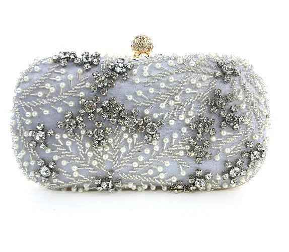 VaultHaus pearl embellished evening clutch bag with intricate rhinestone and pearl detailing on fabric