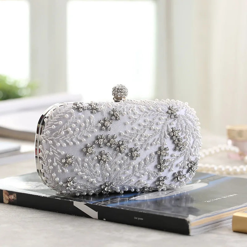 VaultHaus pearl embellished evening clutch bag with intricate bead and rhinestone detailing
