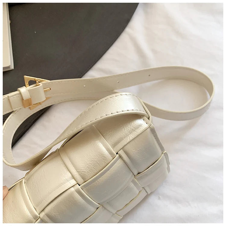 VaultHaus women's designer shoulder bag in cream woven leather with adjustable strap