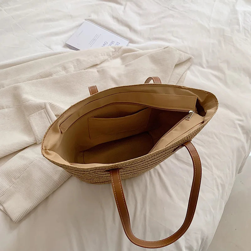 Luxury woven shopper tote with spacious interior and elegant design, perfect for daily use