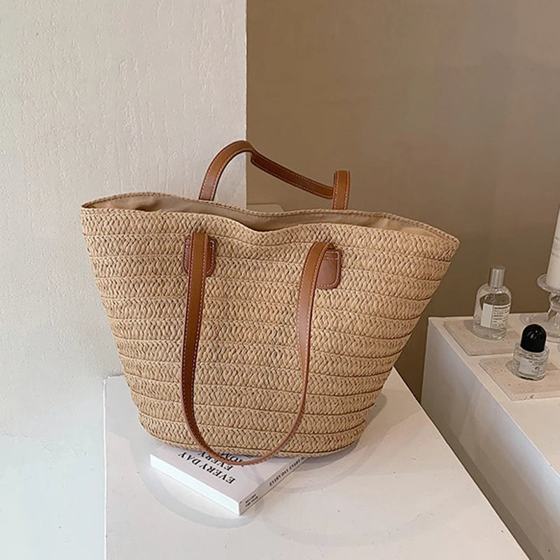 VaultHaus luxury woven shopper tote with natural straw design and leather handles for stylish shopping
