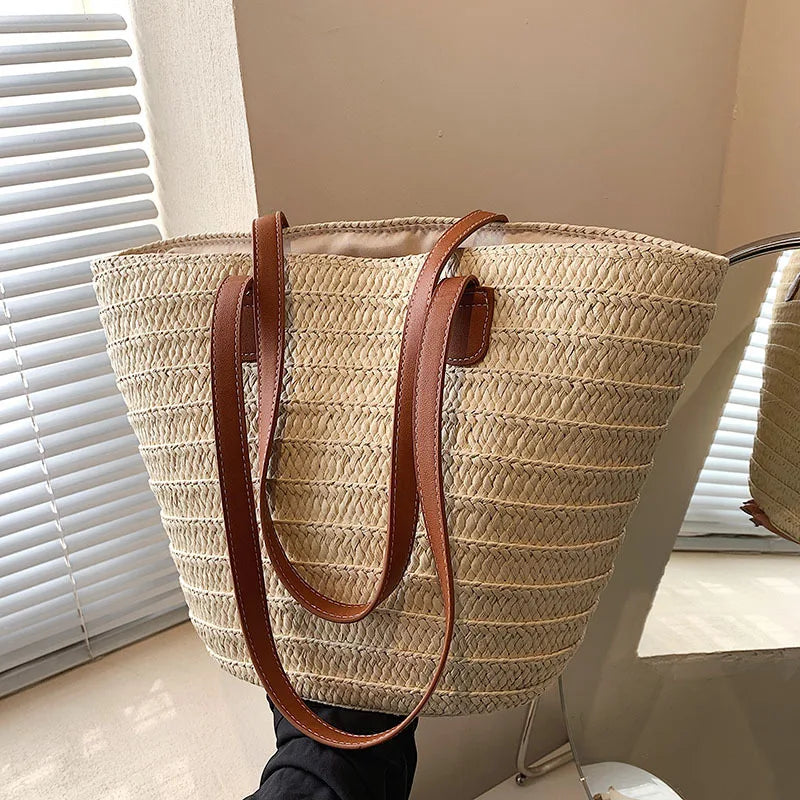 VaultHaus luxury woven shopper tote with leather straps and textured design for stylish everyday use
