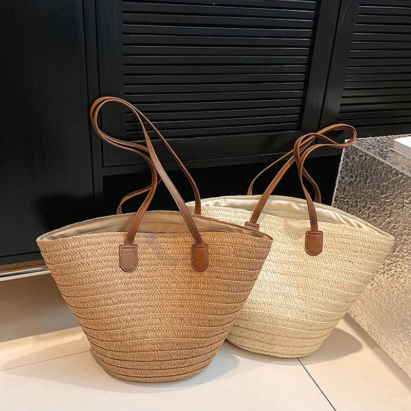 VaultHaus luxury woven shopper tote in beige and cream with elegant leather handles for stylish outings