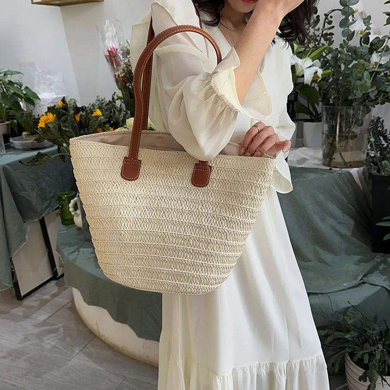 Luxury woven shopper tote with durable handles, perfect for stylish everyday use