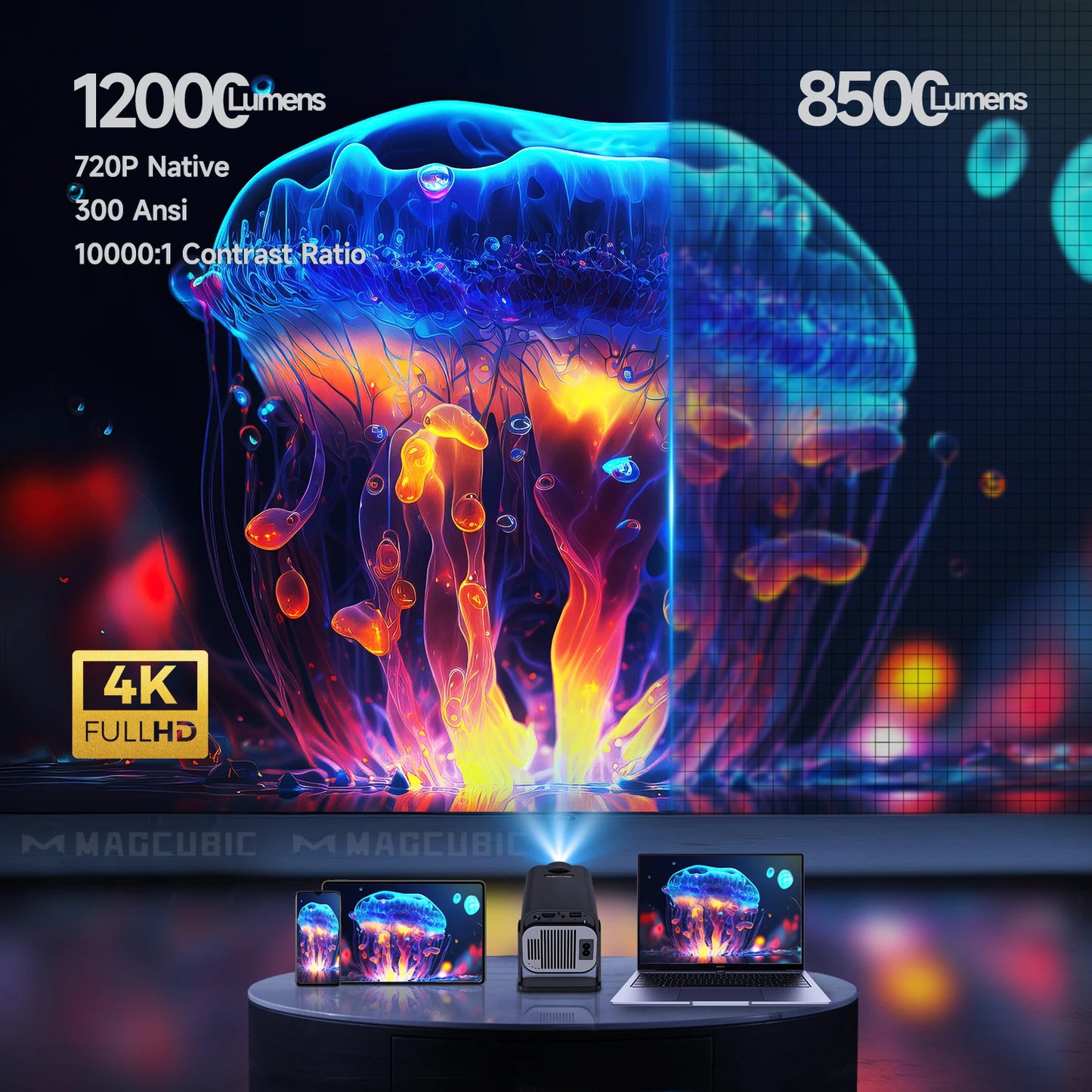 High-quality 720P Android projector displaying vibrant jellyfish image with 12000 lumens brightness