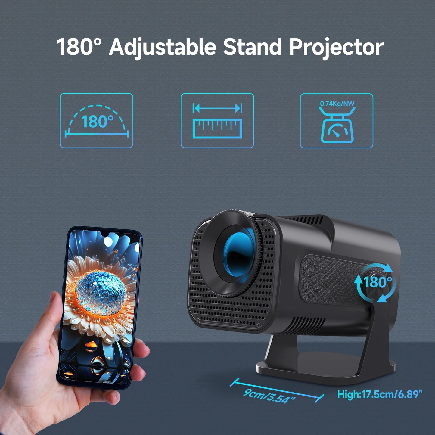 720P Android projector with 180-degree adjustable stand and smartphone connection for versatile viewing