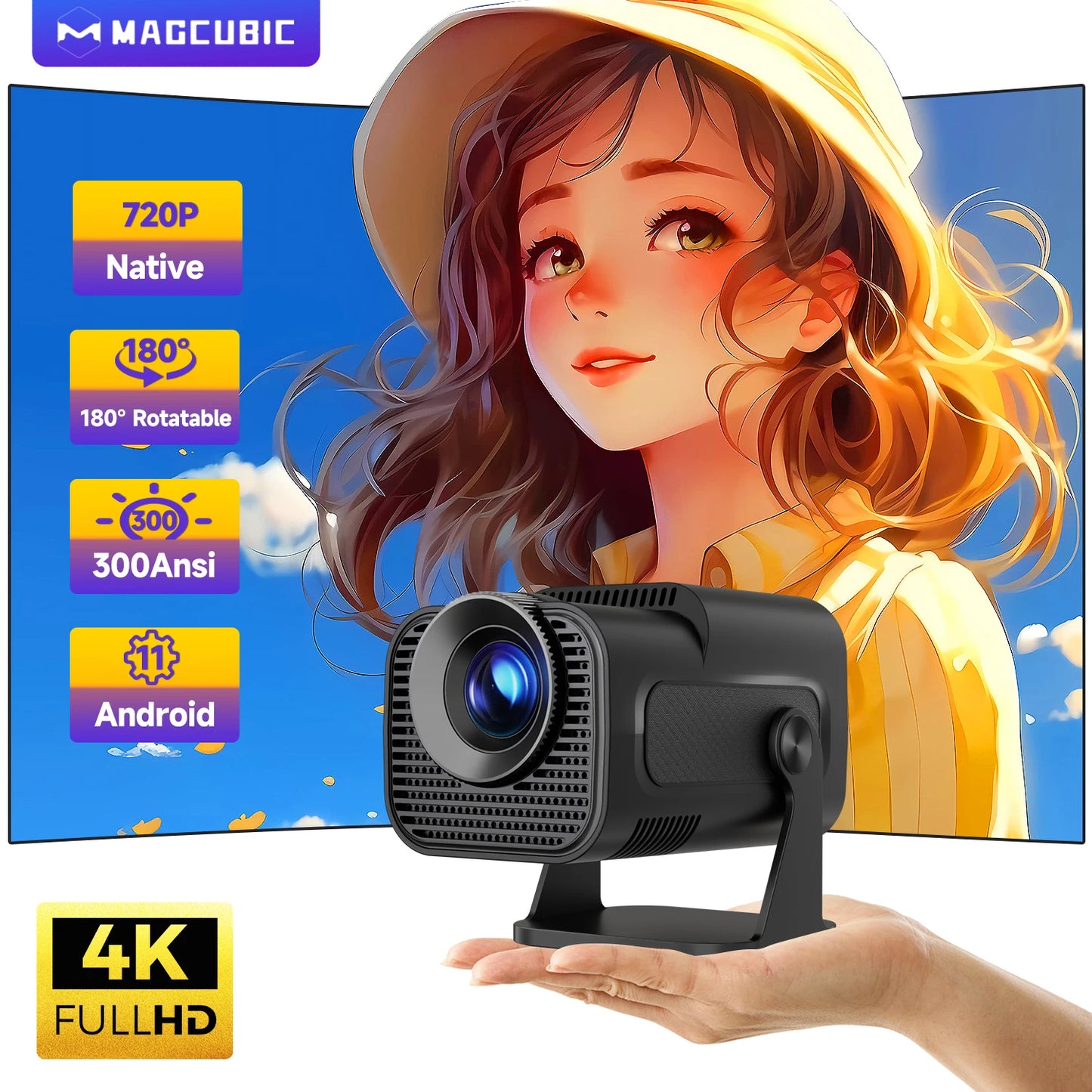 720P Android projector with 180-degree rotation and vibrant image display for portable viewing