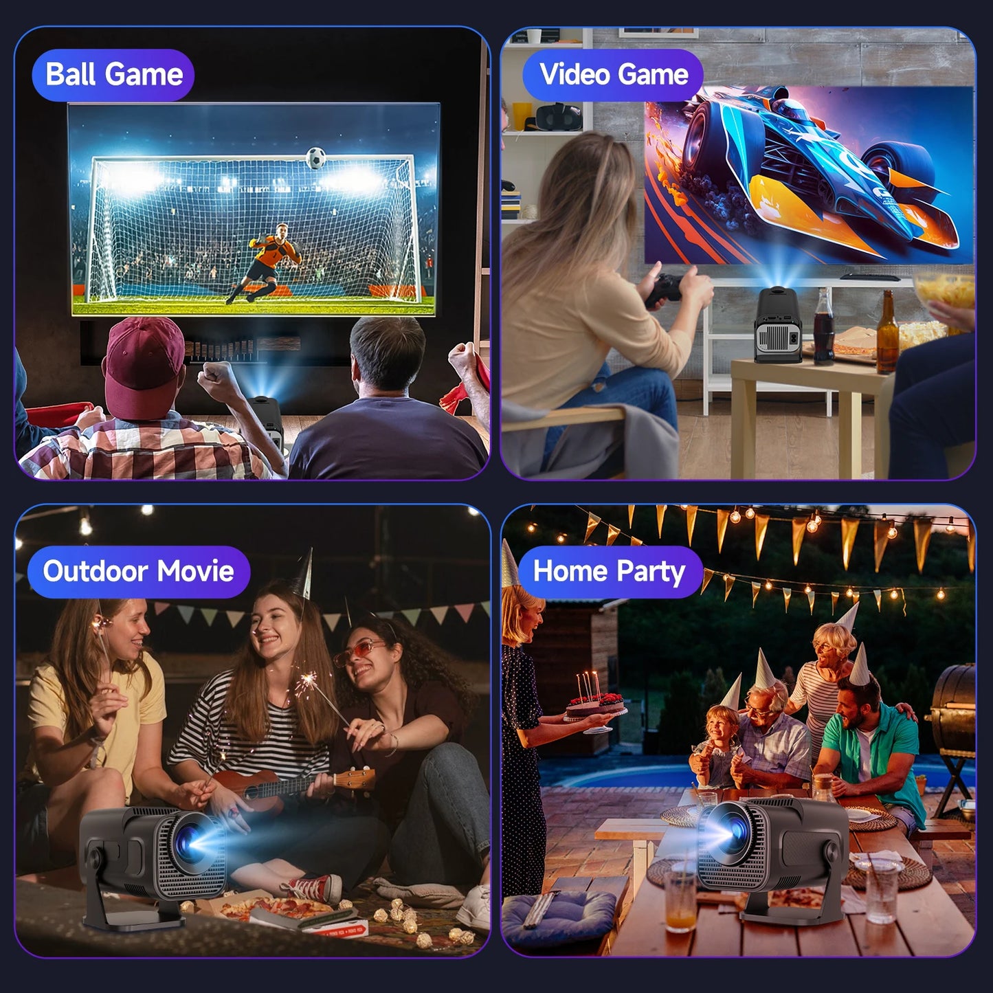 Versatile 720P Android projector for ball games, video games, outdoor movies, and home parties