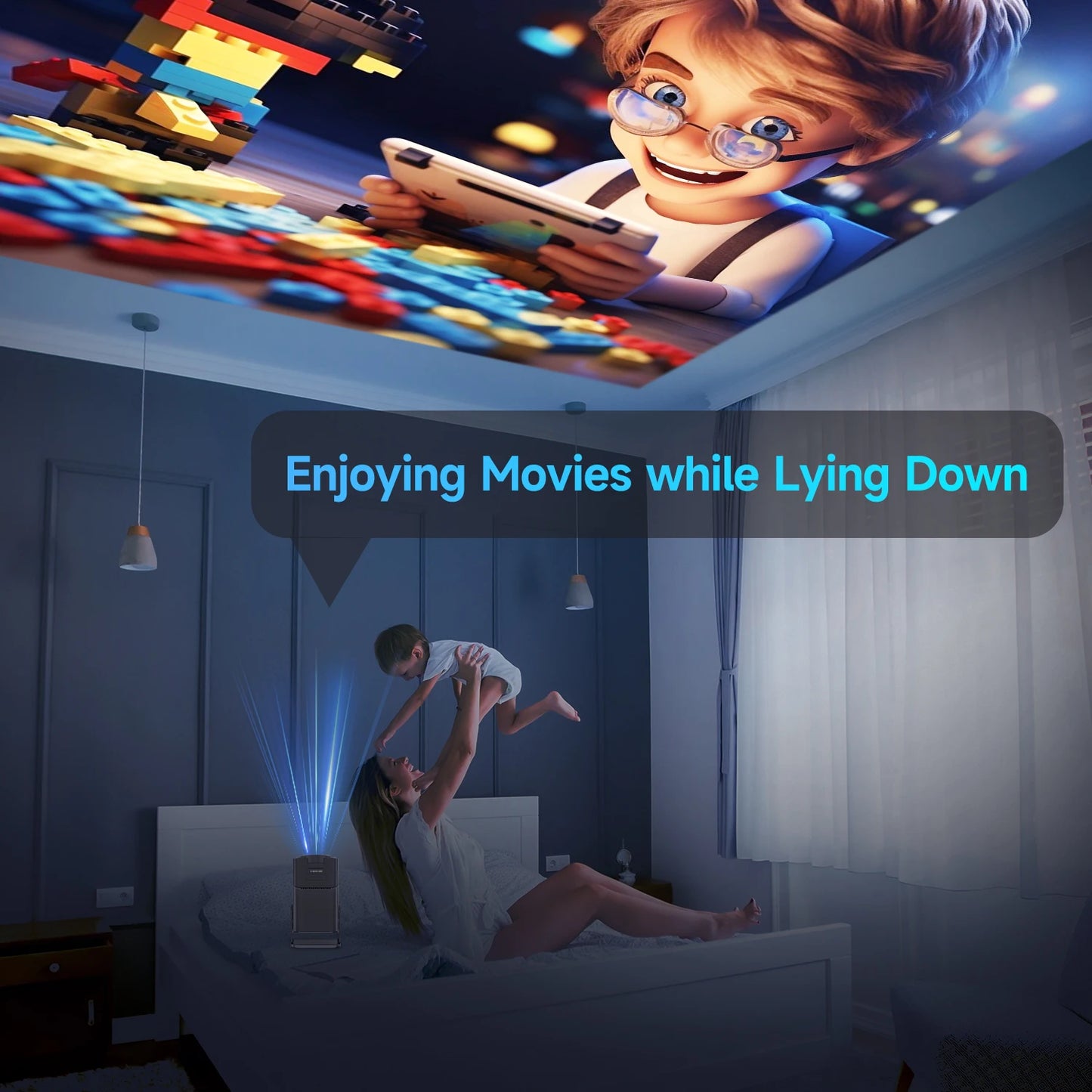 VaultHaus 720P Android projector projecting colorful images on a ceiling for home movie nights