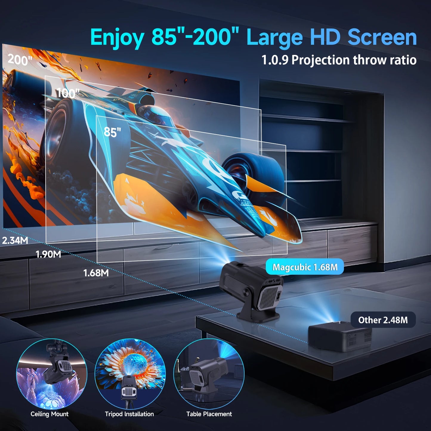 720P Android projector with large 85-200 inch HD screen projection for home entertainment