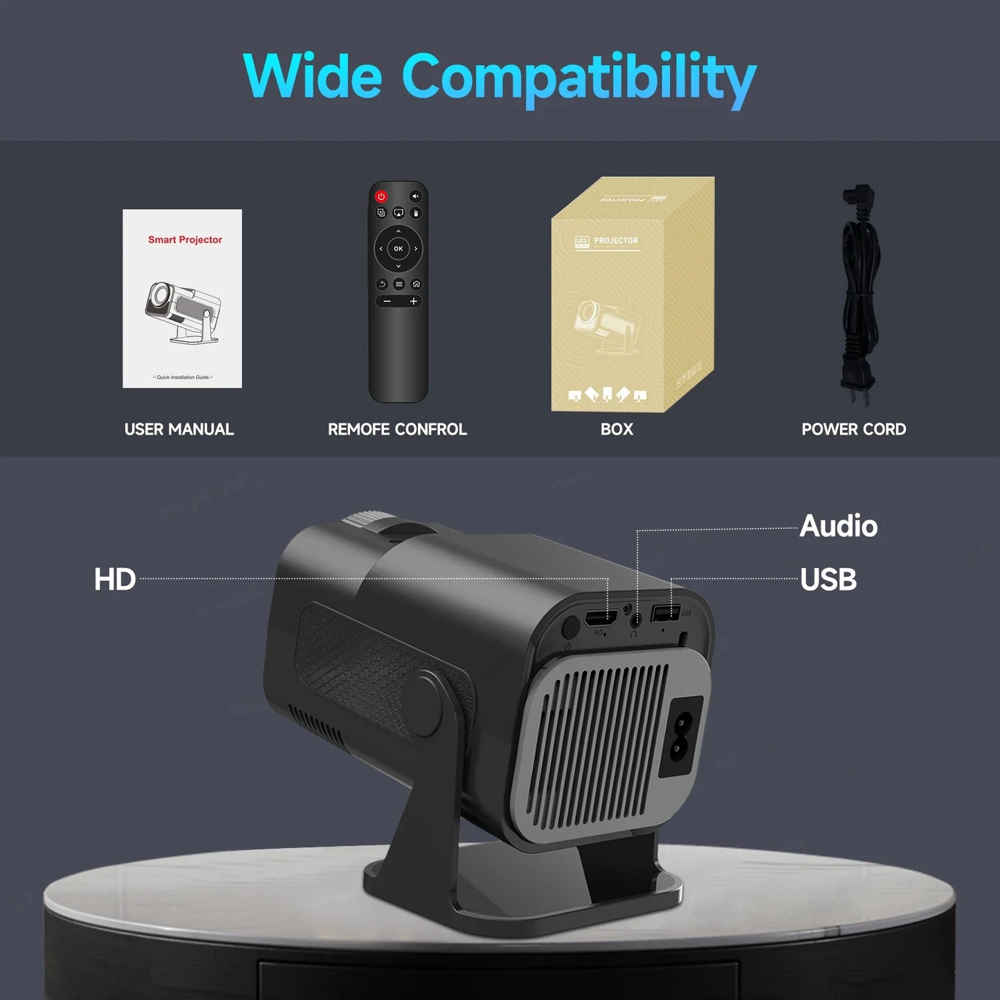 VaultHaus 720P Android projector with remote control and multiple connectivity options