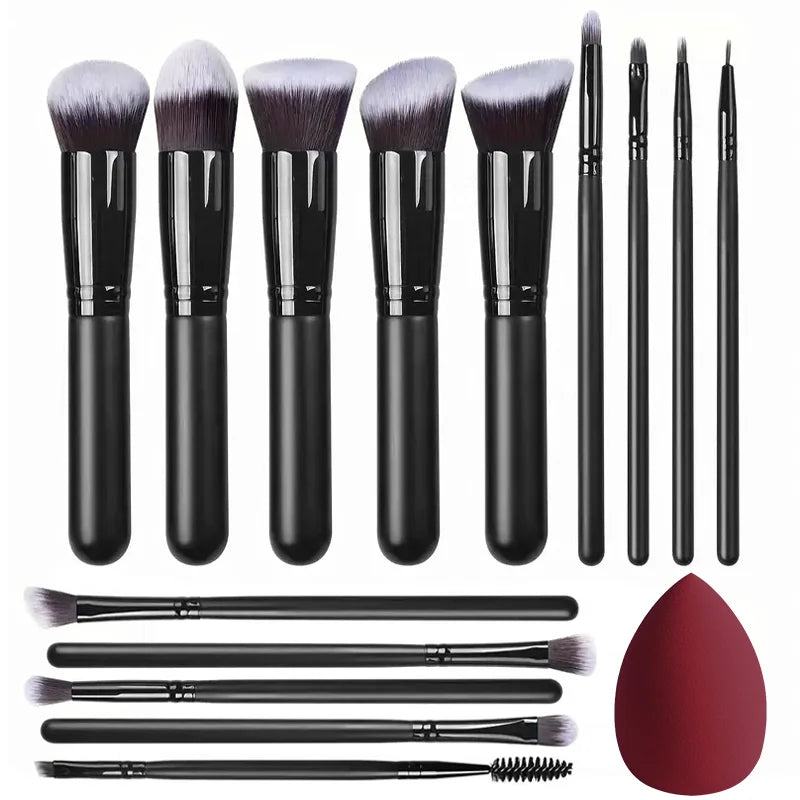 14 piece makeup brush set featuring various brushes and a blending sponge for flawless application