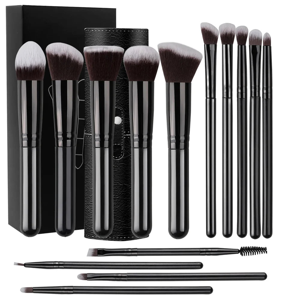14 piece makeup brush set from VaultHaus with sleek black handles and carrying case for flawless application
