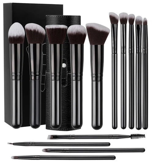 14 piece makeup brush set from VaultHaus with sleek black handles and carrying case for flawless application