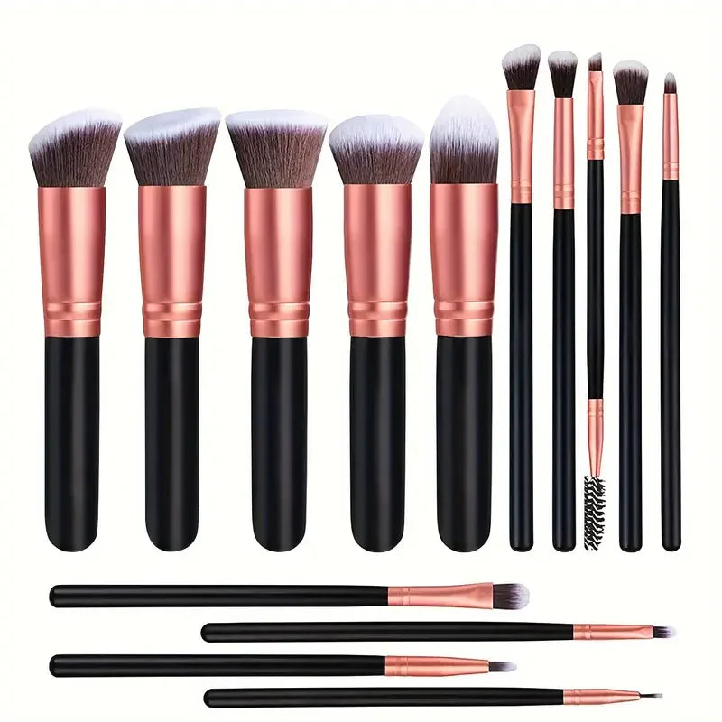 14 piece makeup brush set with soft bristles and stylish black and rose gold design for flawless application