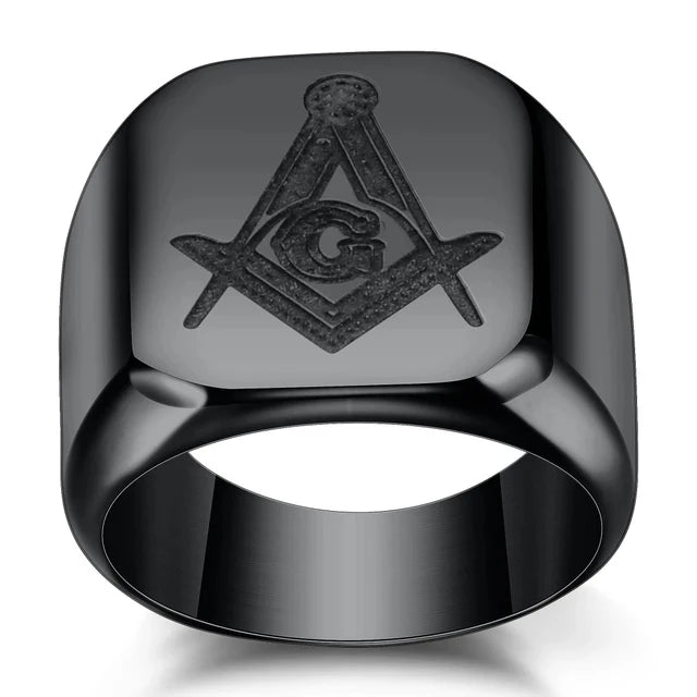 VaultHaus iced out masonic ring for men featuring a bold black design with intricate emblem