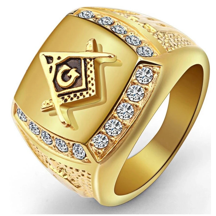 Gold iced out masonic ring for men with sparkling stones and intricate design