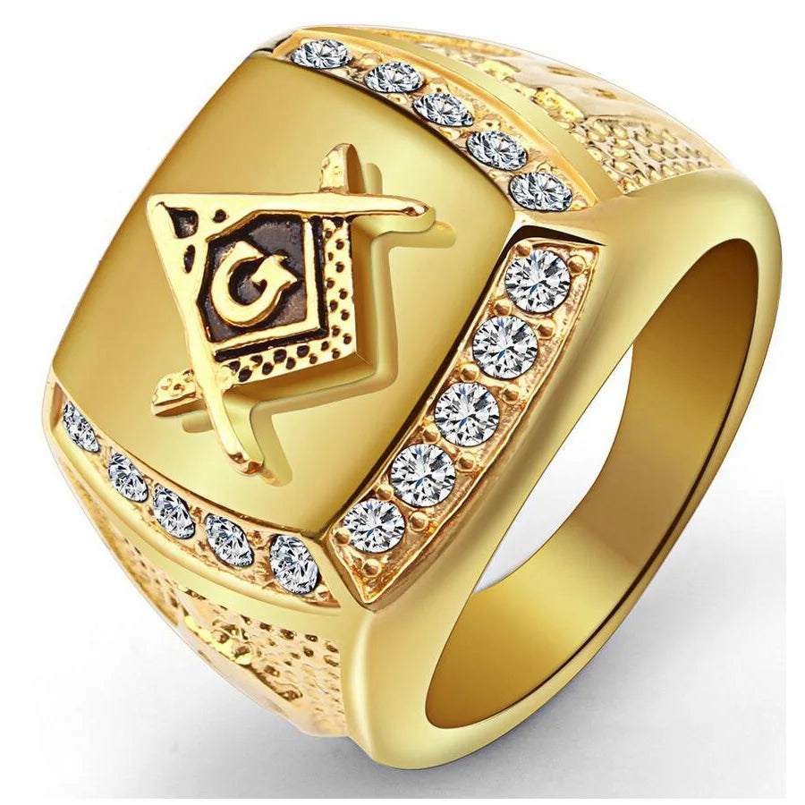 Gold Iced Out Masonic Ring for Men featuring sparkling rhinestones and intricate design