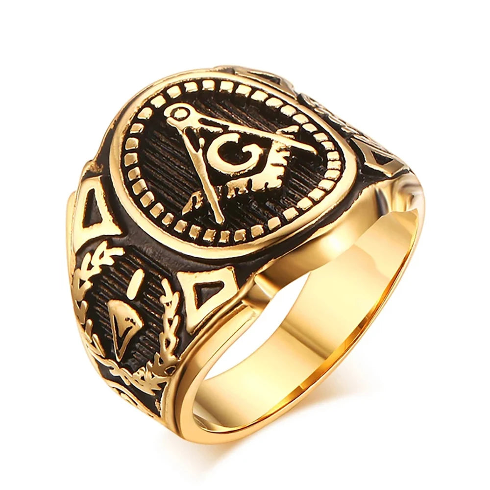 Gold and black iced out masonic ring for men featuring intricate designs and symbolism