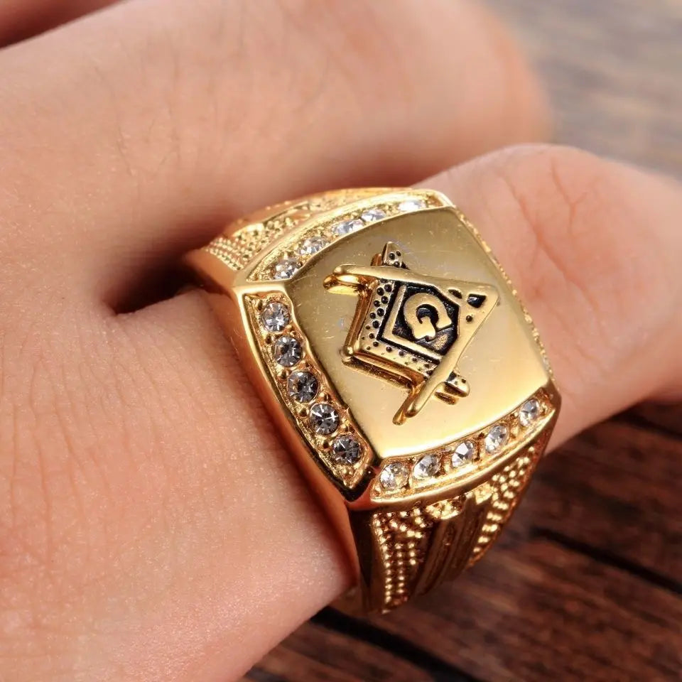 Gold Iced Out Masonic Ring for Men with Square Design and Sparkling Stones