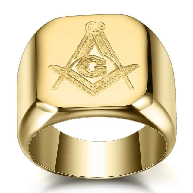 Gold Iced Out Masonic Ring for Men with Engraved Square and Compass Design