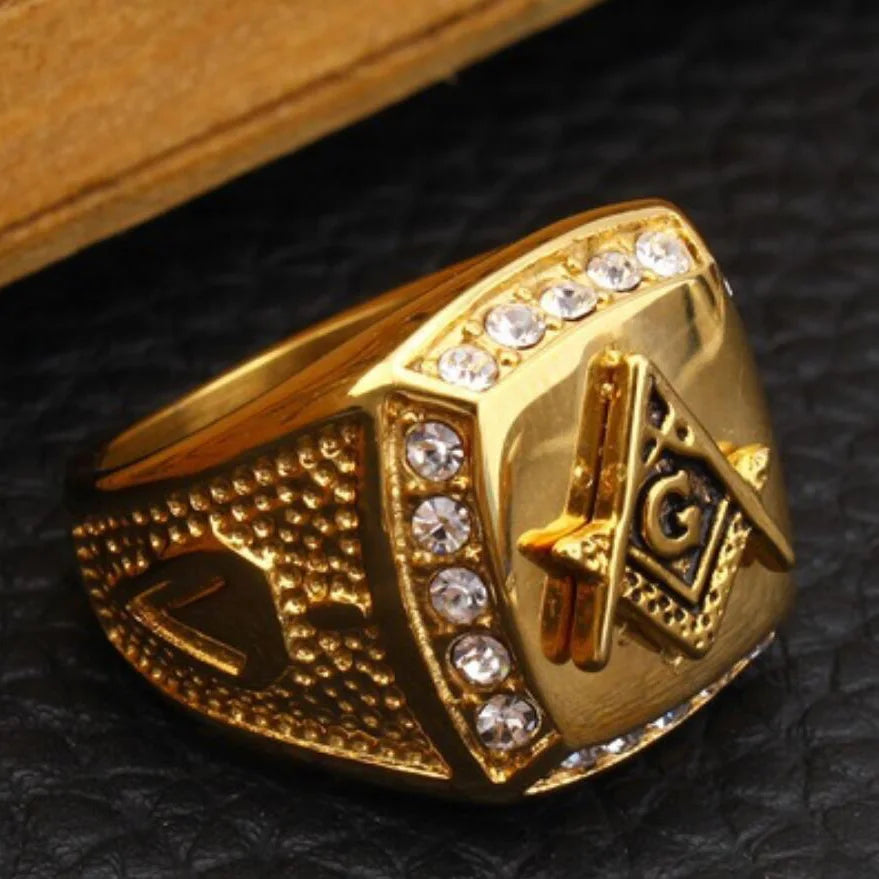 Gold iced out masonic ring for men featuring sparkling stones and Masonic symbol design