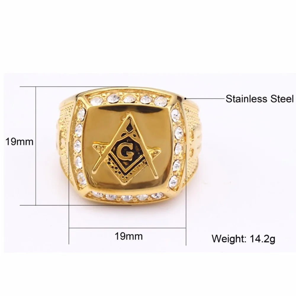 Gold Stainless Steel Iced Out Masonic Ring for Men with Square Design and Clear Stones