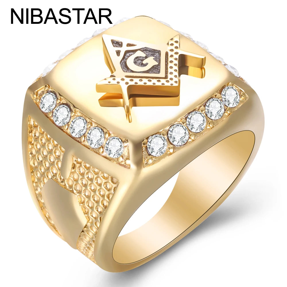 Gold Iced Out Masonic Ring for Men with Clear Stones and Intricate Design