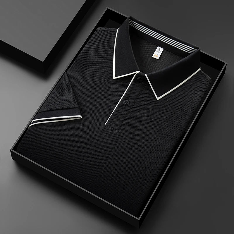 Men's business casual polo shirt in black with a stylish collar and clean design, presented in a sleek box