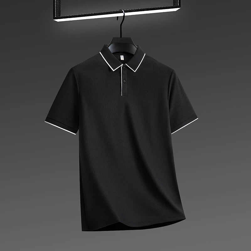 VaultHaus men's business casual polo shirt in black with contrast collar and sleeve details
