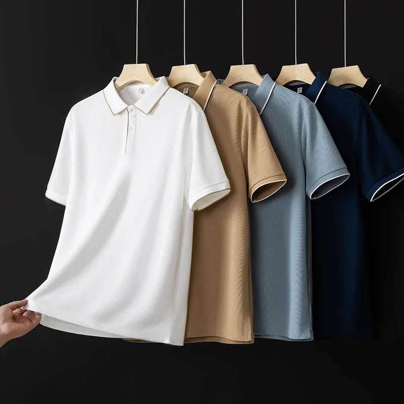 VaultHaus men's business casual polo shirt collection in various colors hanging on display