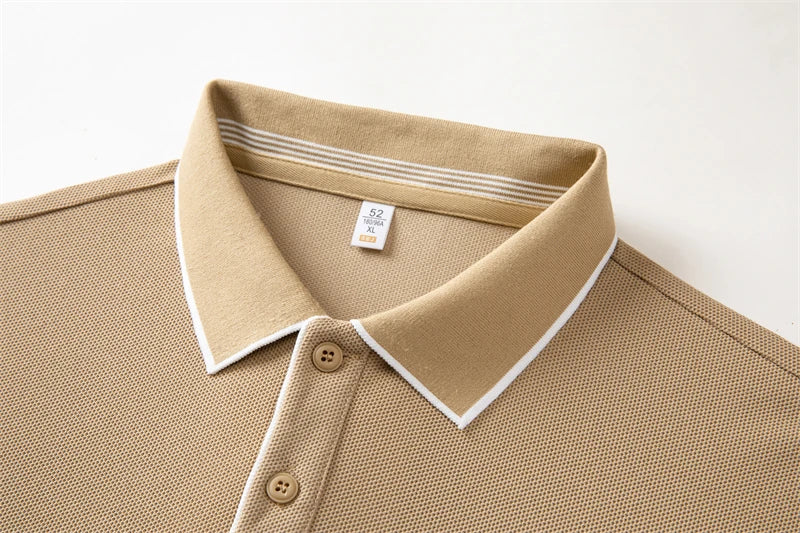 Tan men's business casual polo shirt with a sleek collar and stylish button detail