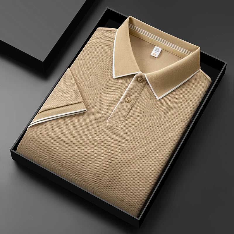 VaultHaus men's business casual polo shirt neatly folded in a stylish black box