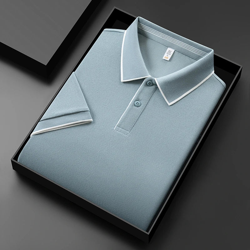 VaultHaus men's business casual polo shirt folded neatly in a sleek black box