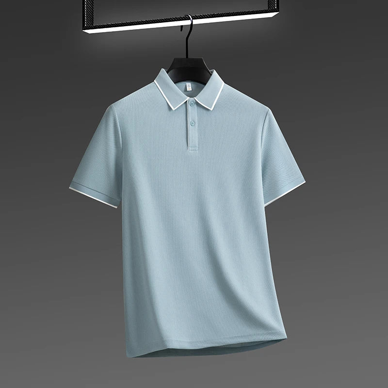 Light blue men's business casual polo shirt with a classic collar and contrasting trim