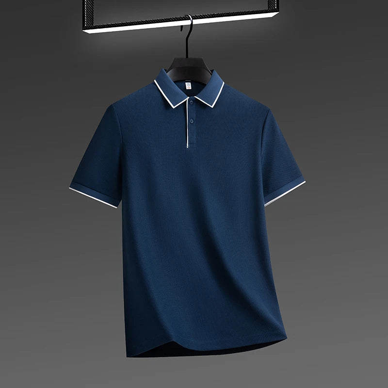 Men's business casual polo shirt in dark blue with contrasting collar and cuffs, perfect for office wear