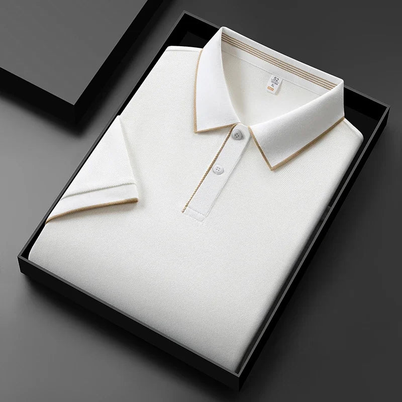 Stylish men's business casual polo shirt in white, neatly folded in a gift box