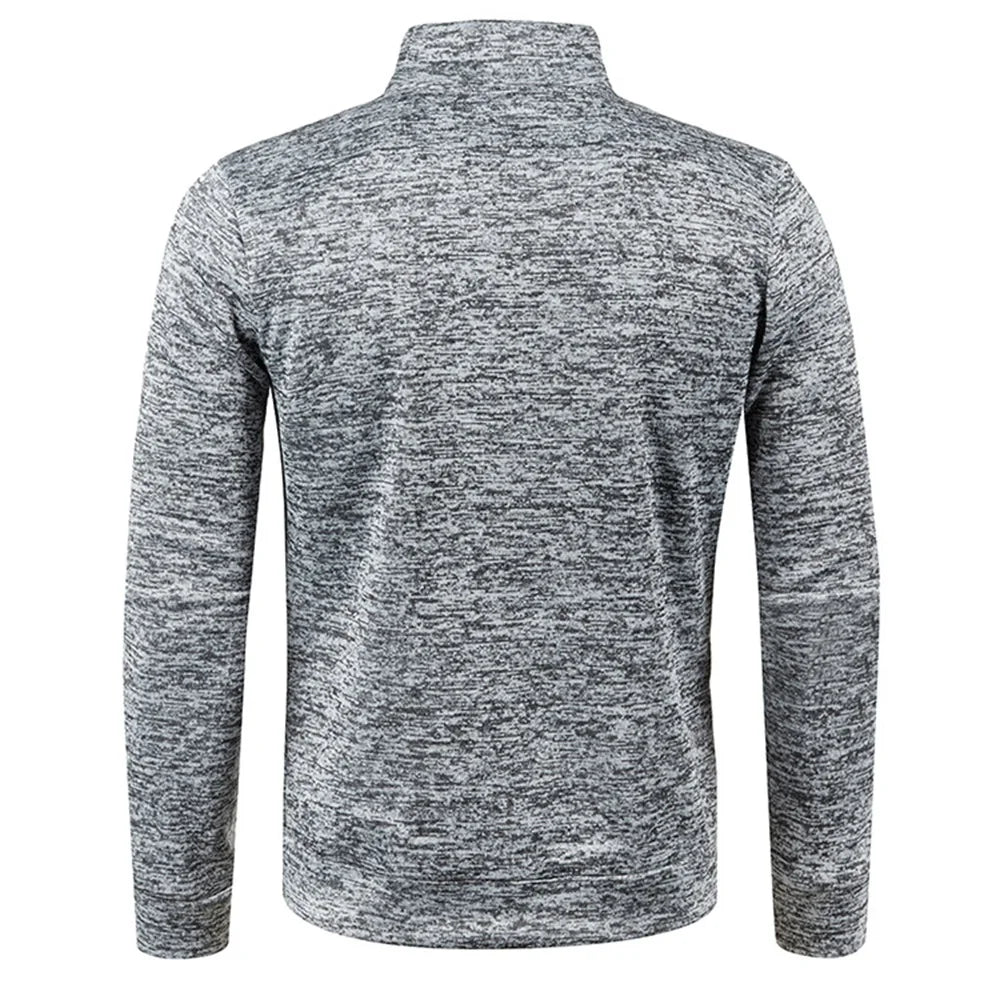 Back view of VaultHaus men's half zipper pullover in grey with a stylish, textured finish