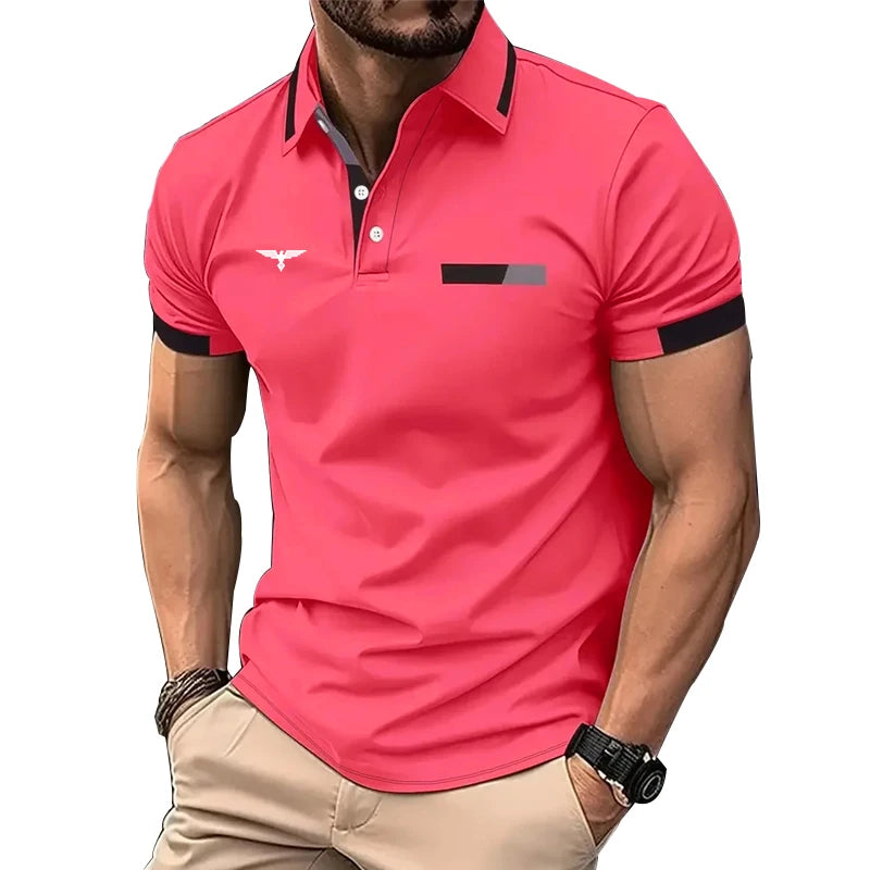 Stylish men's summer golf polo 2024 in vibrant pink with modern design and tailored fit