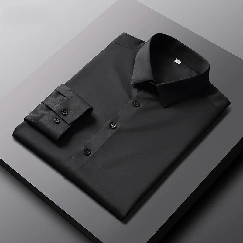 VaultHaus men's casual long sleeve non Ironing and wrinkle resistant business shirt in black on a flat surface