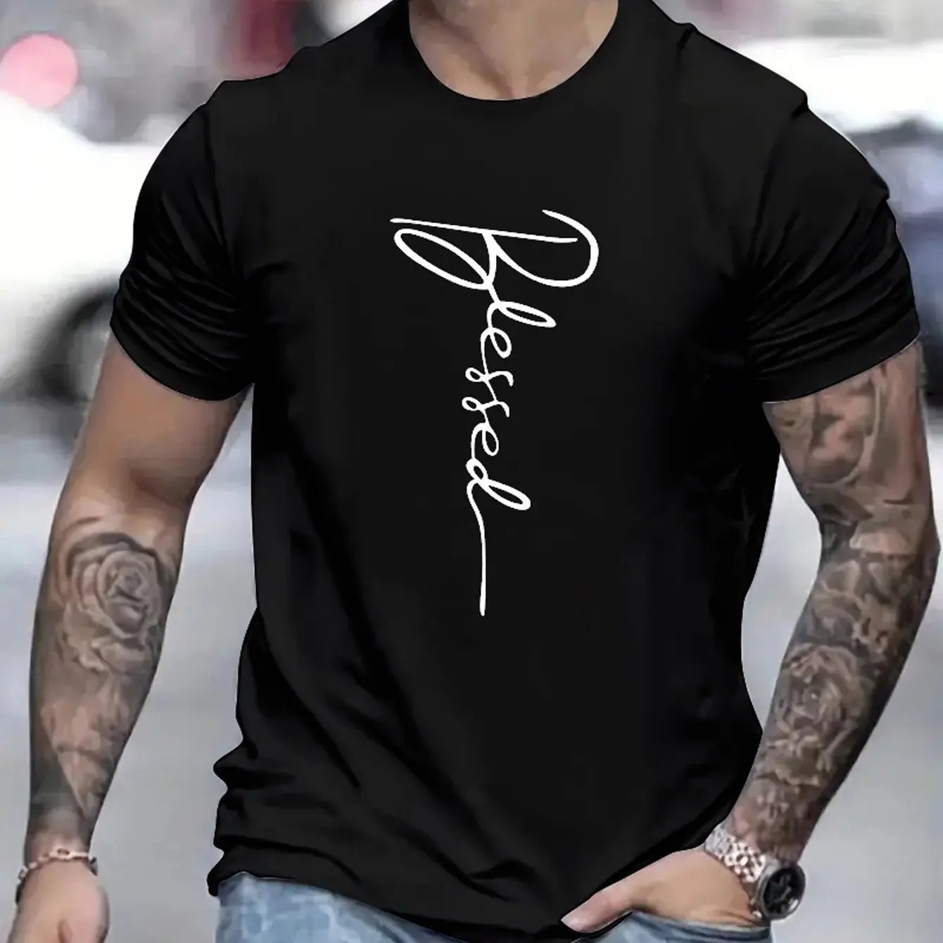Men's cotton oversized t-shirt in black with 'Blessed' graphic design for a casual look