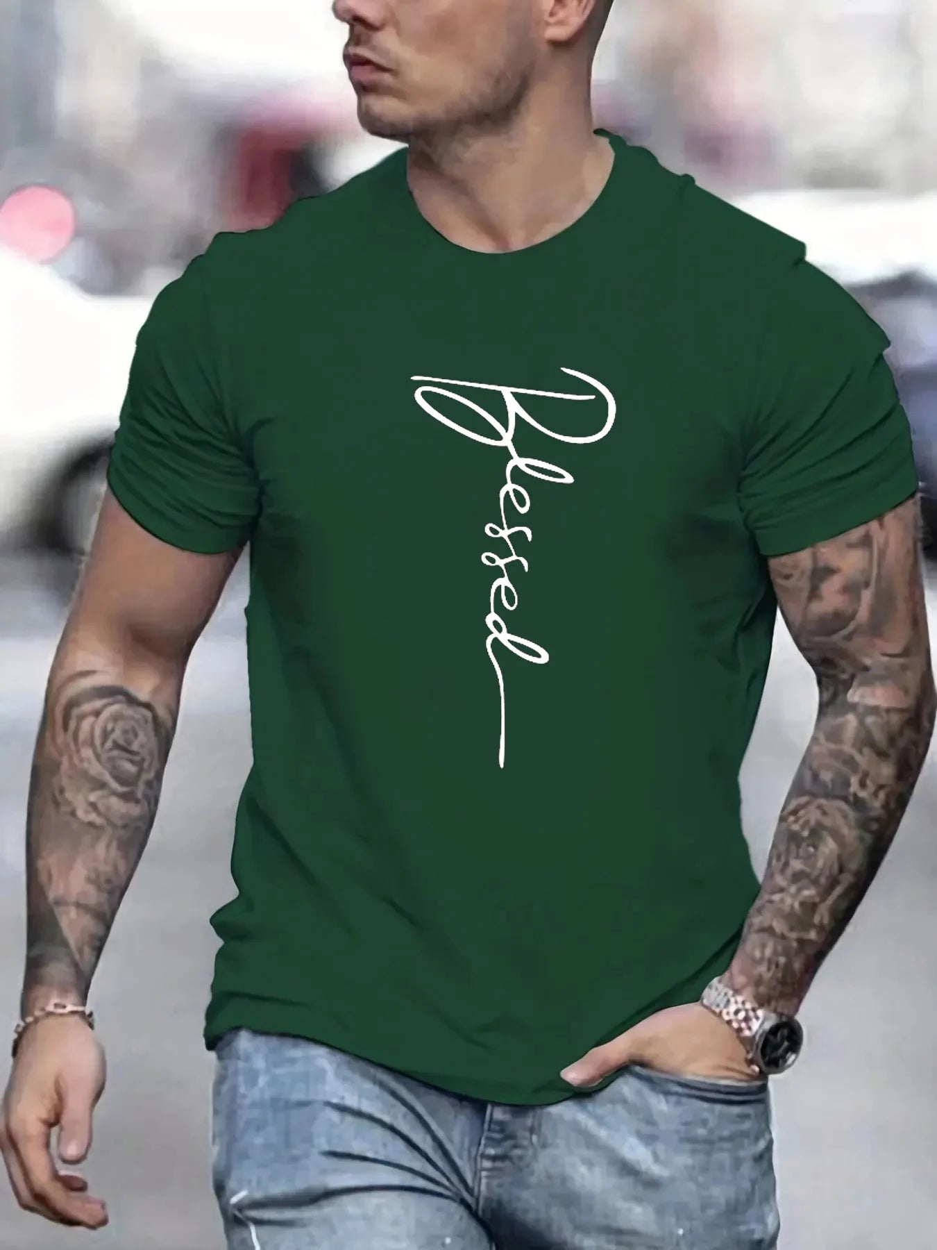 Men's cotton oversized t-shirt in green featuring a stylish Blessed graphic design