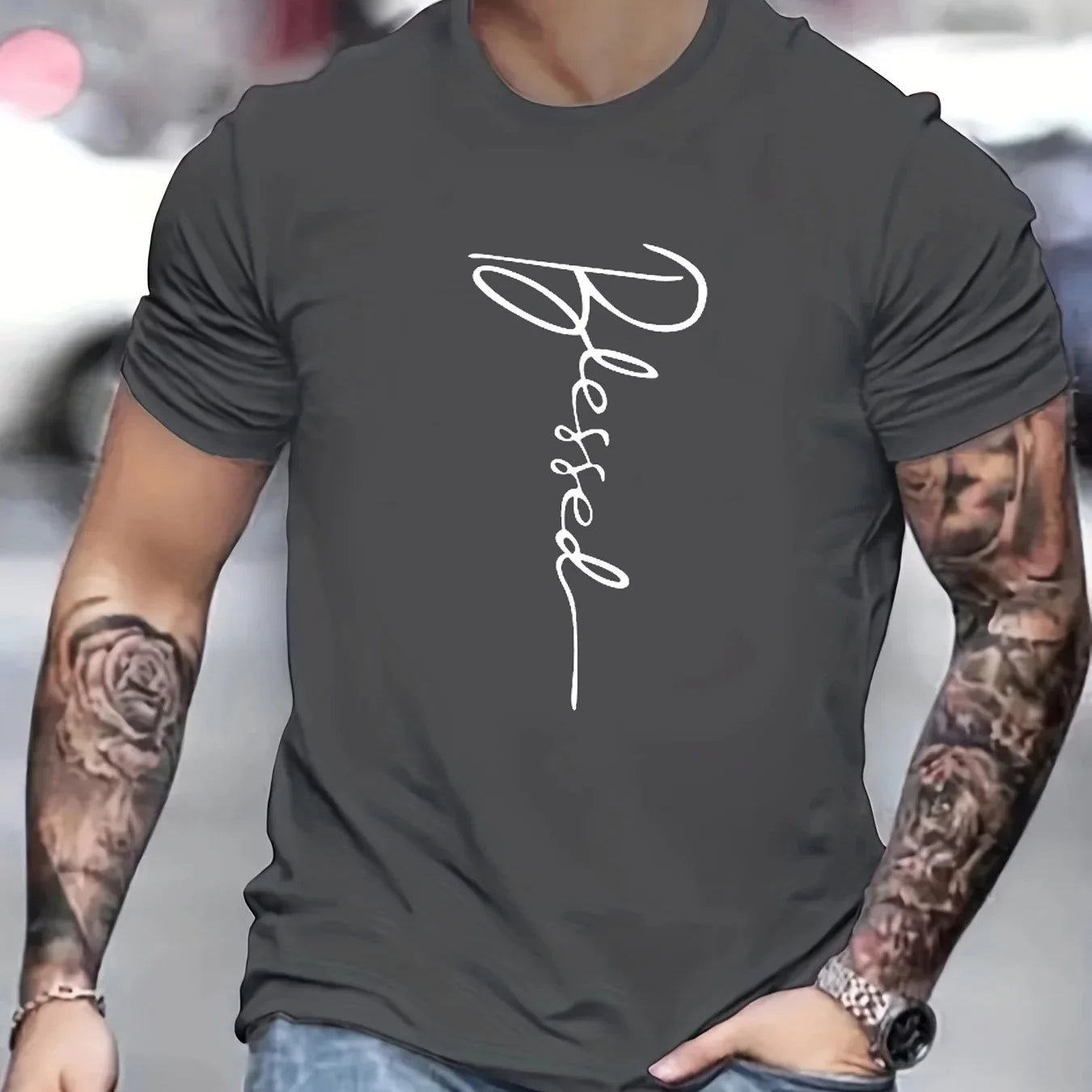 VaultHaus men's cotton oversized t-shirt in charcoal gray with 'Blessed' graphic print