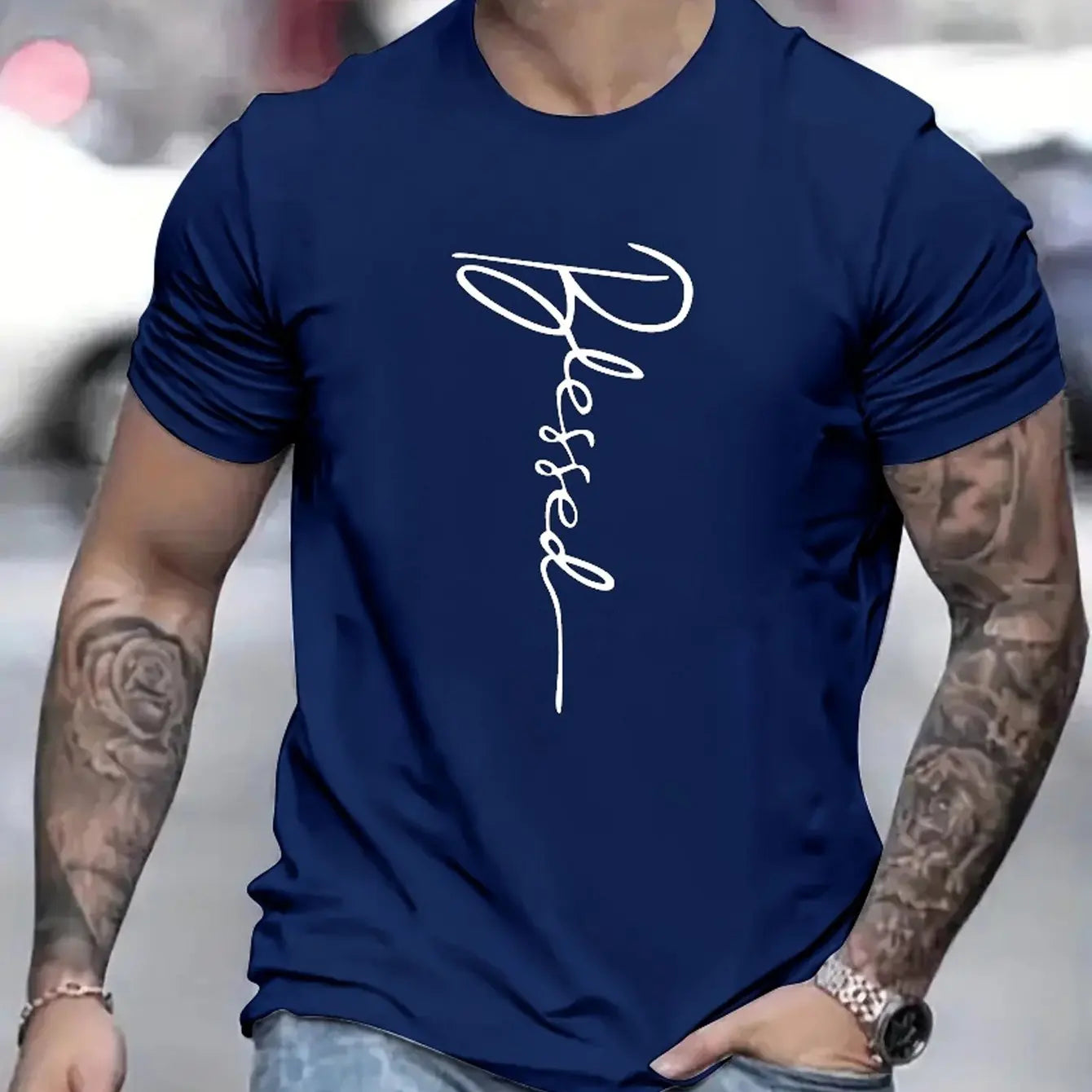 Men's cotton oversized t-shirt in navy blue with 'Blessed' graphic design for casual wear