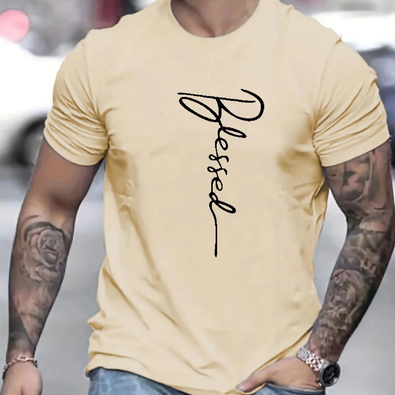 Men's cotton oversized t-shirt in yellow with 'Blessed' printed in stylish font