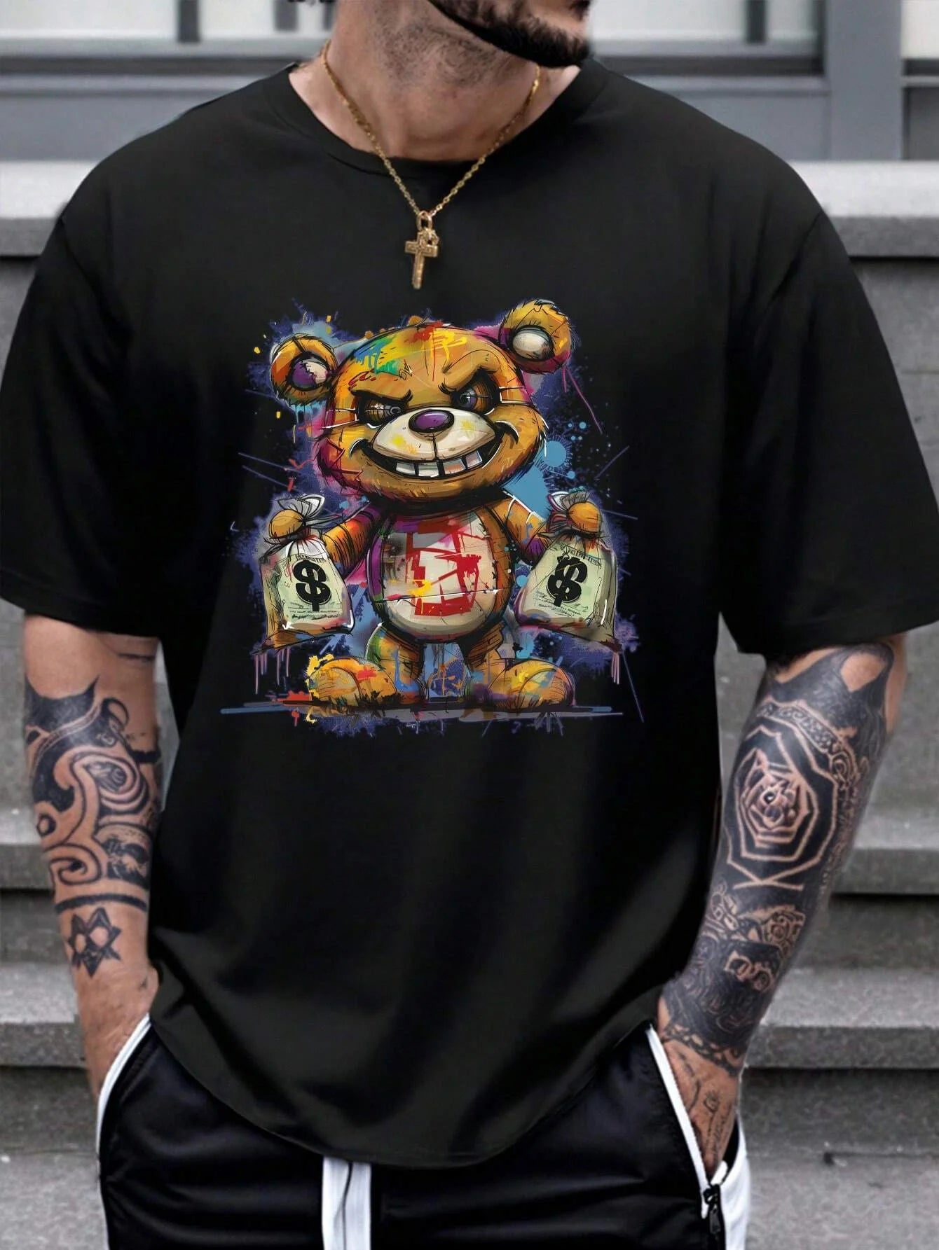 Men's cotton summer graphic print bear t-shirt featuring a colorful bear design on a black background
